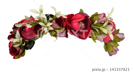 Red rose flowers in a beautiful artificial wreath isolated on white background Red rose flowers in a beautiful artificial wreath isolated on white background 141337821