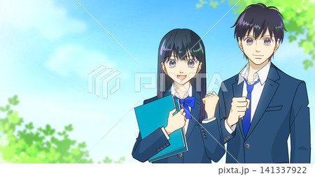 がる青空、前向きな表情でガッツポーズをする学生たちのアニメ風イラスト、左にスペース がる青空、前向きな表情でガッツポーズをする学生たちのアニメ風イラスト、左にスペース 141337922