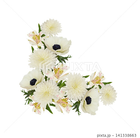 White flowers (alstroemeria; chrysanthemum; anemone) in a corner floral arrangement isolated on white 141338663