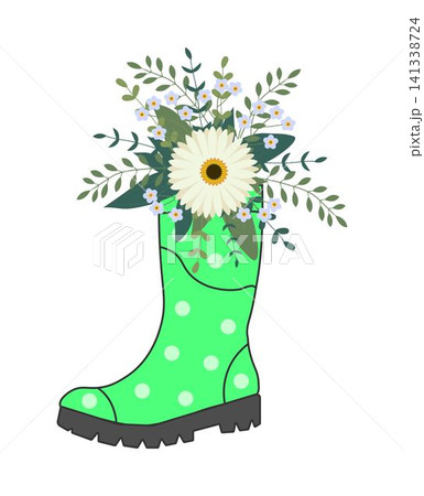 Cute bouquet in green rubber boots. Gardening boot with flowers. Spring Concept 141338724