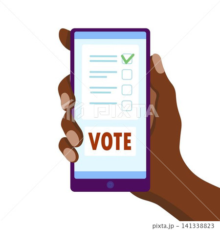 Male hand holding smartphone with vote button. Voting paper on phone screen. Political election campaign. Voting online concept Male hand holding smartphone with vote button. Voting paper on phone screen. Political election campaign. Voting online concept 141338823