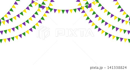 Mardi Gras traditional flag garland. Triangle pennants chain. Party pennants, window or wall decoration decoration. Celebration flags for decor Mardi Gras traditional flag garland. Triangle pennants chain. Party pennants, window or wall decoration decoration. Celebration flags for decor 141338824