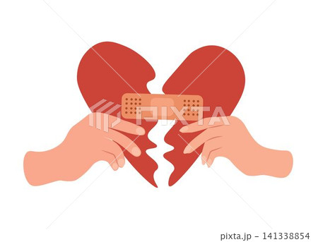 Red broken heart in hands man and woman. Reconciliation concept.Restore love Red broken heart in hands man and woman. Reconciliation concept.Restore love 141338854