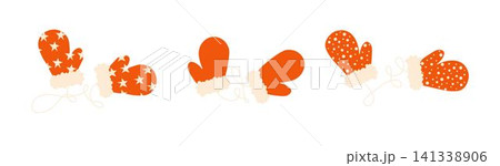 Set of red Christmas mittens with ornament and rope. Traditional winter clothes, knit mittens for cold season 141338906