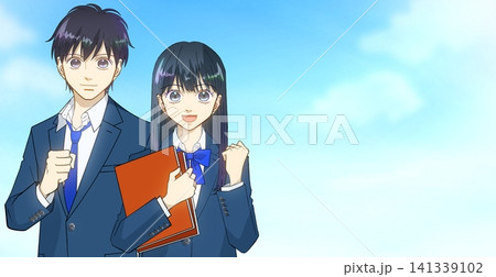 広がる青空、前向きな表情でガッツポーズをする学生たちのアニメ風イラスト、右にスペース 広がる青空、前向きな表情でガッツポーズをする学生たちのアニメ風イラスト、右にスペース 141339102