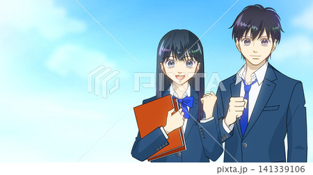 広がる青空、前向きな表情でガッツポーズをする学生たちのアニメ風イラスト、左にスペース 広がる青空、前向きな表情でガッツポーズをする学生たちのアニメ風イラスト、左にスペース 141339106