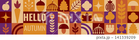 Hello Autumn Geometric Banner with Modern Abstract Folk Art Shapes Hello Autumn Geometric Banner with Modern Abstract Folk Art Shapes 141339209