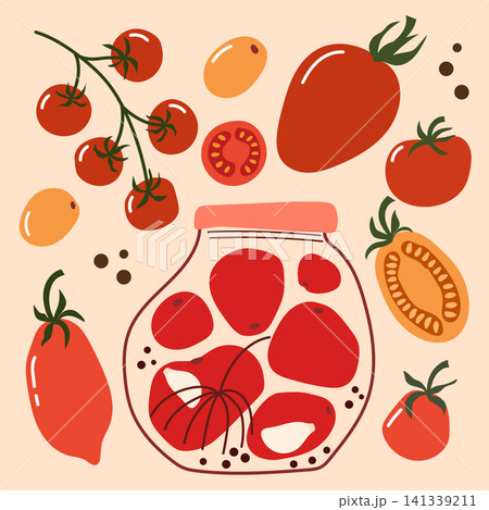 Fresh Tomato Harvest Set with Pickled Tomatoes in Glass Jar 141339211
