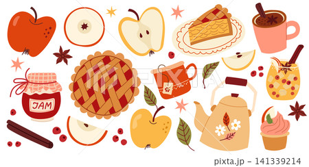 Autumn Apple Harvest Set with Cozy Drinks Pie and Jam Illustration 141339214