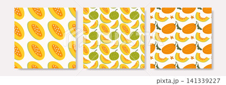 Melon Seamless Pattern Set with Fresh Fruit Slices 141339227