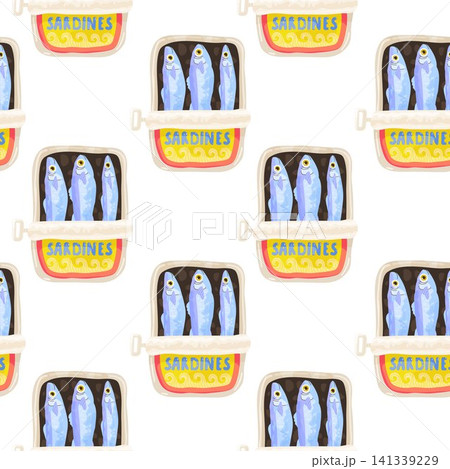 Seamless pattern with open sardine tins and blue fish on white background 141339229