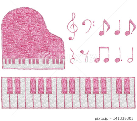 【ピアノと音符の音楽セット】手刺繍イラスト素材 【ピアノと音符の音楽セット】手刺繍イラスト素材 141339303