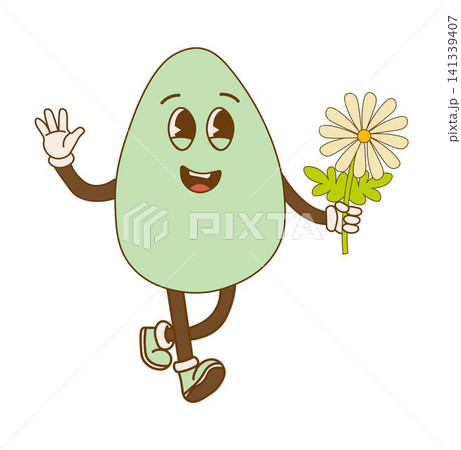 Groovy retro egg. Hippie happy egg in retro cartoon style. Happy Easter day Groovy retro egg. Hippie happy egg in retro cartoon style. Happy Easter day 141339407