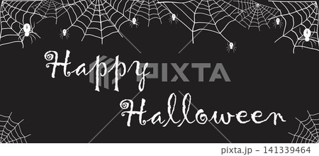 Lettering Happy Halloween. Card with spiders in cobwebs. Illustration for holiday design, decorations, cards, banner Lettering Happy Halloween. Card with spiders in cobwebs. Illustration for holiday design, decorations, cards, banner 141339464