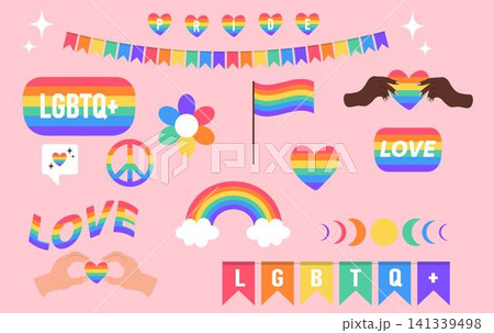 Pride LGBTQ+ icon set on pink background. Symbol of the LGBT pride community. Elements in rainbow colors 141339498