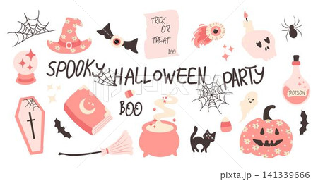Halloween pink elements set. Cute decor of magical elements in a simple naive style. For scrapbooking, greeting card, party invitation Halloween pink elements set. Cute decor of magical elements in a simple naive style. For scrapbooking, greeting card, party invitation 141339666