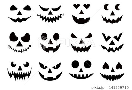 Set of spooky pumpkin smiles. Horror and scary faces. Design for holiday Halloween Set of spooky pumpkin smiles. Horror and scary faces. Design for holiday Halloween 141339710