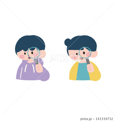 虫眼鏡を持った男女子どもイラスト素材驚く 虫眼鏡を持った男女子どもイラスト素材驚く 141339732