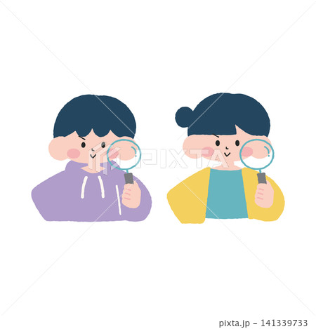 虫眼鏡を持った男女子どもイラスト素材やる気 141339733