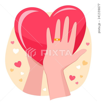Human Hands with Ring on Ring Finger Holding Pink Heart Shape for Love Affection Relationship and Valentine's Day Concept Illustration Clip Art Human Hands with Ring on Ring Finger Holding Pink Heart Shape for Love Affection Relationship and Valentine's Day Concept Illustration Clip Art 141339877