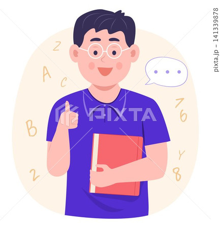 Happy Cute Student Pupil Boy Holding a Book and Doing Thumbs Up for Reading and Education Concept Illustration Clip Art 141339878