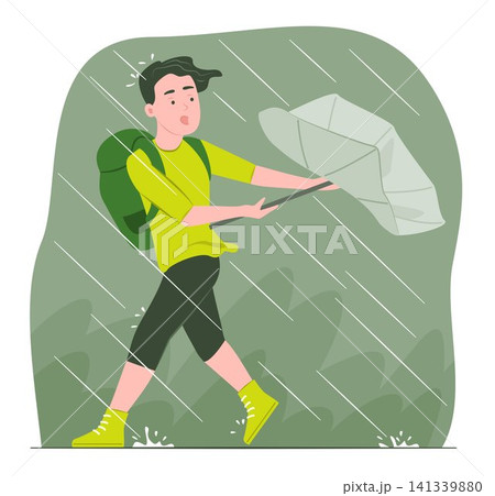 Teenager Boy Holding Broken Umbrella while Walking Outdoor in Heavy Rain and Storm Wind for Rainy Seasonal Lifestyle Concept Illustration Clip Art Teenager Boy Holding Broken Umbrella while Walking Outdoor in Heavy Rain and Storm Wind for Rainy Seasonal Lifestyle Concept Illustration Clip Art 141339880