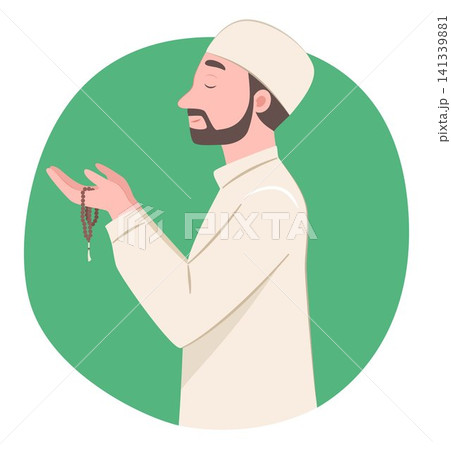 Muslim Man in Traditional Islamic Clothing Holding Prayer Beads for Praying to the God for Islamic Religious Ritual Concept Illustration Clip Art Muslim Man in Traditional Islamic Clothing Holding Prayer Beads for Praying to the God for Islamic Religious Ritual Concept Illustration Clip Art 141339881