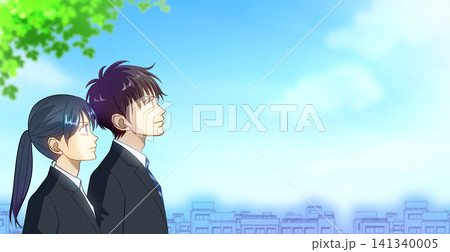青空を見上げる学生または社会人の男女のアニメ風イラスト、右にスペース 青空を見上げる学生または社会人の男女のアニメ風イラスト、右にスペース 141340005