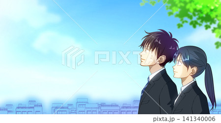 青空を見上げる学生または社会人の男女のアニメ風イラスト、左にスペース 青空を見上げる学生または社会人の男女のアニメ風イラスト、左にスペース 141340006