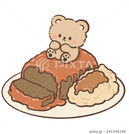 Cute Bear Sitting on Meatloaf with Creamy Mashed Potatoes Rich Brown Gravy Classic Homemade Comfort Food Dinner Illustration Cute Bear Sitting on Meatloaf with Creamy Mashed Potatoes Rich Brown Gravy Classic Homemade Comfort Food Dinner Illustration 141340199
