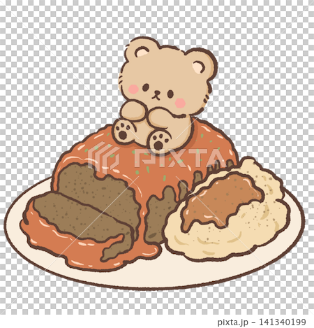 Cute Bear Sitting on Meatloaf with Creamy Mashed Potatoes Rich Brown Gravy Classic Homemade Comfort Food Dinner Illustration Cute Bear Sitting on Meatloaf with Creamy Mashed Potatoes Rich Brown Gravy Classic Homemade Comfort Food Dinner Illustration 141340199