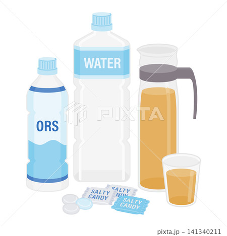 脱水対策や熱中症対策の飲み物と塩飴のイラスト 141340211