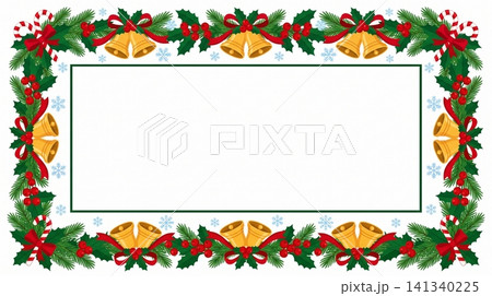 Festive holiday border frame featuring golden bells and holly berries for seasonal greeting cards and invitations with a classic winter theme design 141340225