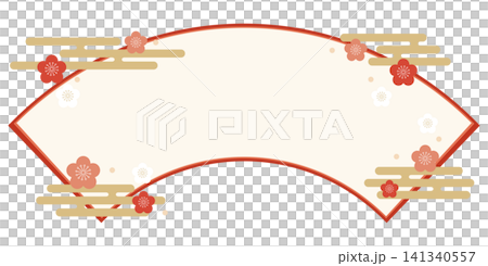 A Japanese-style fan-shaped frame adorned with plum blossoms and mist | New Year's card/2027 design background A Japanese-style fan-shaped frame adorned with plum blossoms and mist | New Year's card/2027 design background 141340557
