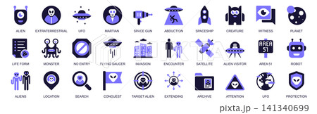 UFO and aliens icon set in duotone solid icons web design. Pack pictograms of extraterrestrial, martian, space, abduction, spaceship, creature, witness, planet, life form, more. Vector illustration. 141340699