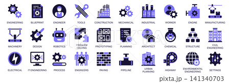 Engineering icon set in duotone solid icons web design. Pack pictograms of construction, mechanical, industrial, worker, machinery, robotics, problem solving, prototyping, more. Vector illustration. 141340703