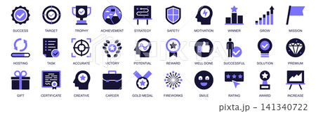 Success icon set in duotone solid icons web design. Pack pictograms of target, trophy, achievement, strategy, safety, motivation, winner, grow, mission, accurate, reward, more. Vector illustration. Success icon set in duotone solid icons web design. Pack pictograms of target, trophy, achievement, strategy, safety, motivation, winner, grow, mission, accurate, reward, more. Vector illustration. 141340722