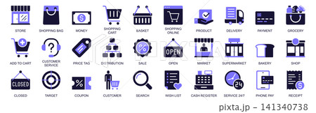 Shopping icon set in duotone solid icons web design. Pack pictograms of store, bag, cart, basket, online shop, delivery, payment, grocery, customer service, price, sale, more. Vector illustration. 141340738