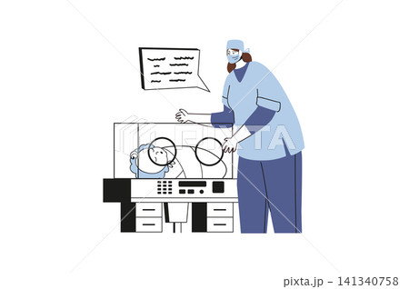 Family with newborn baby flat concept with people for web design. Doctor pediatrician taking care about little kid in hospital maternity ward, child laying in incubator box. Vector illustration. 141340758
