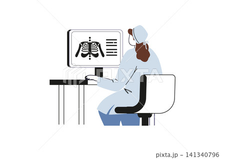 Medical clinic flat concept with people for web design. Doctor analyzing x-ray for diagnosis, preparing to consultations, doing professional treatments and therapy prescriptions. Vector illustration. Medical clinic flat concept with people for web design. Doctor analyzing x-ray for diagnosis, preparing to consultations, doing professional treatments and therapy prescriptions. Vector illustration. 141340796