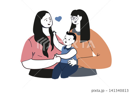 LGBTQ couple flat concept with people for web design. Happy homosexual women raising children together. Lesbian family with baby, taking care, bonding and love in relationship. Vector illustration. 141340813