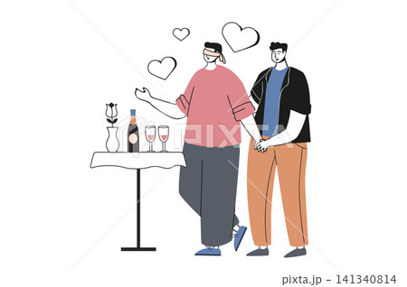 LGBTQ couple flat concept with people for web design. Happy homosexual men go on surprise romantic date, drinking and pastime. Gay partners take care and love in relationship. Vector illustration. LGBTQ couple flat concept with people for web design. Happy homosexual men go on surprise romantic date, drinking and pastime. Gay partners take care and love in relationship. Vector illustration. 141340814