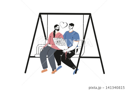 LGBTQ couple flat concept with people for web design. Happy homosexual men falling in love on romantic date, swinging, giving flower gift. Gay partners take care in relationship. Vector illustration. 141340815