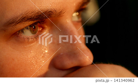 Close up portrait of thoughtful young woman with green eyes looking away, warm golden hour sunlight on face. Melancholic or hopeful mood, authentic skin texture with freckles, emotional concept Close up portrait of thoughtful young woman with green eyes looking away, warm golden hour sunlight on face. Melancholic or hopeful mood, authentic skin texture with freckles, emotional concept 141340962