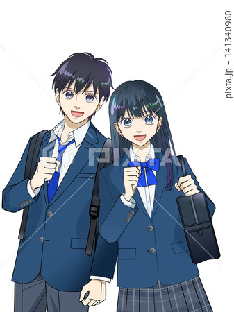 笑顔でリュックとスクールバッグを持つ高校生または中学生の男女のアニメ風イラスト、白バック 笑顔でリュックとスクールバッグを持つ高校生または中学生の男女のアニメ風イラスト、白バック 141340980