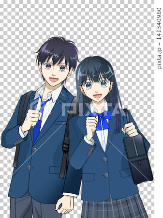 笑顔でリュックとスクールバッグを持つ高校生または中学生の男女のアニメ風イラスト、白バック 笑顔でリュックとスクールバッグを持つ高校生または中学生の男女のアニメ風イラスト、白バック 141340980