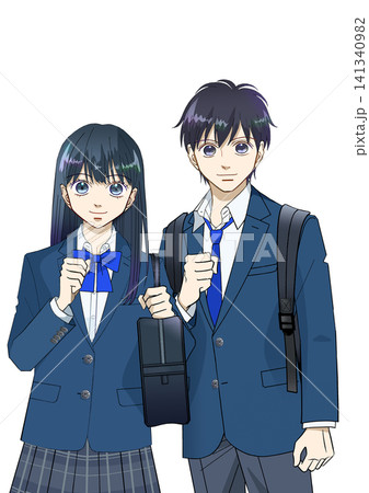 前向きな表情でリュックとスクールバッグを持つ高校生または中学生の男女のアニメ風イラスト、白バック 前向きな表情でリュックとスクールバッグを持つ高校生または中学生の男女のアニメ風イラスト、白バック 141340982