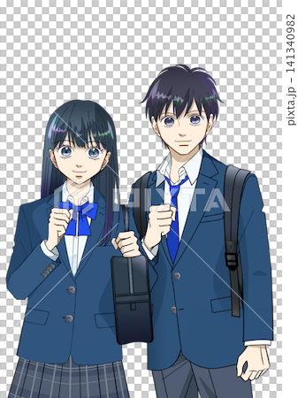 前向きな表情でリュックとスクールバッグを持つ高校生または中学生の男女のアニメ風イラスト、白バック 前向きな表情でリュックとスクールバッグを持つ高校生または中学生の男女のアニメ風イラスト、白バック 141340982