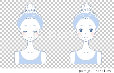 A set of female face illustrations: one with eyes open and one with eyes closed. A set of female face illustrations: one with eyes open and one with eyes closed. 141341069