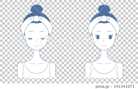 A set of female face illustrations: one with eyes open and one with eyes closed. A set of female face illustrations: one with eyes open and one with eyes closed. 141341071